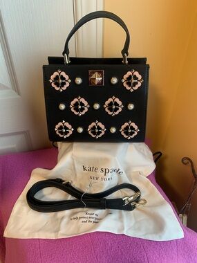 kate spade Black Mini Satchel with Pink Floral Appliqués and Pearl Accents